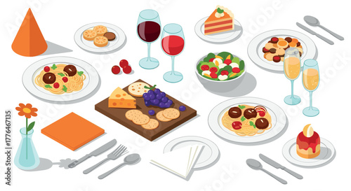 Italian cuisine feast with pasta, wine, and desserts in isometric style