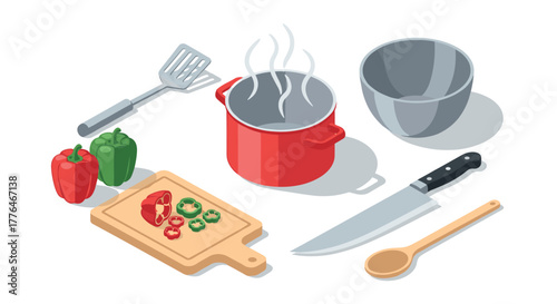 Isometric kitchen set with red pot, cutting board, and cooking utensils
