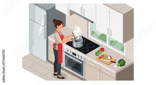 Woman cooking in modern kitchen with fresh vegetables and appliances in isometric style