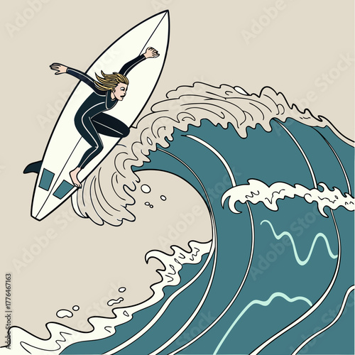 Illustration of a surfer riding a wave on a surfboard art