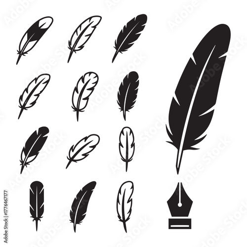 A collection of eleven stylized feather illustrations in black, accompanied by a classic fountain pen nib icon.