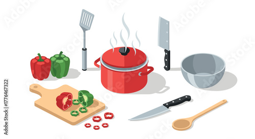 Isometric cooking tools and vegetables set for modern kitchen design