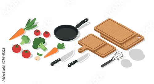 Isometric kitchen preparation with vegetables, cutting boards, and utensils
