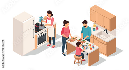 Family cooking together in modern kitchen isometric art