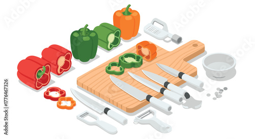 Isometric kitchen scene with sliced bell peppers and utensils on cutting board