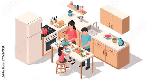Happy family preparing meal together in modern kitchen