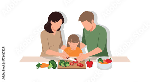 Family cooking together in kitchen with fresh vegetables
