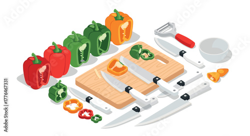 Isometric kitchen scene with sliced bell peppers and cutlery arrangement
