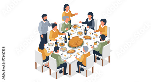 Family celebrating thanksgiving dinner together in isometric style