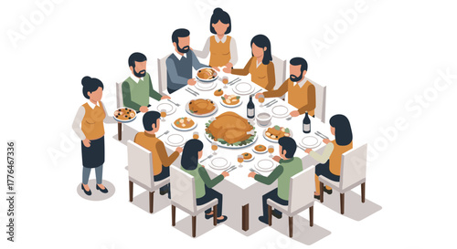 Isometric family gathering around festive dinner table with thanksgiving feast