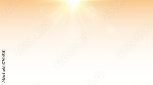 Radiant golden light flare with sunbeams, sparkle, and glow. Bright warm sunlight effect for summer, sky, nature, and day scene concepts. Vector realistic illustration.