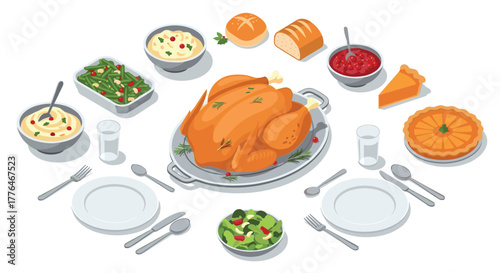 Thanksgiving dinner table with turkey, side dishes, and desserts in isometric style