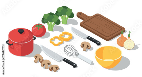 Isometric kitchen utensils and vegetables on white background