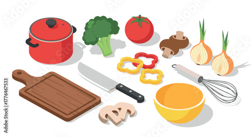 Colorful isometric cooking utensils and ingredients for a vibrant kitchen scene