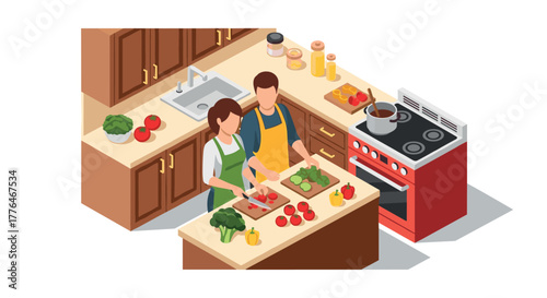 Isometric kitchen scene with couple cooking together and preparing vegetables