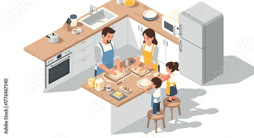 Isometric family baking together in modern kitchen scene with parents and kids