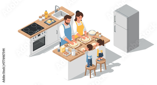 Family cooking together in kitchen with parents and kids in isometric style