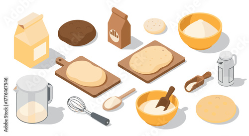 Isometric baking ingredients and tools with flour and dough in kitchen scene