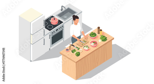 Isometric kitchen scene with person cooking in modern setting