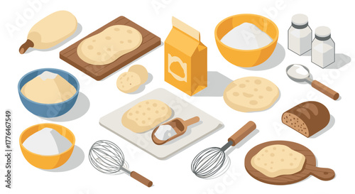 Isometric baking ingredients and tools flour, dough, and utensils in culinary design
