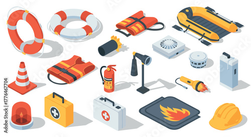 Isometric safety equipment collection featuring life buoy, jacket, fire extinguisher, helmet, and rescue boat