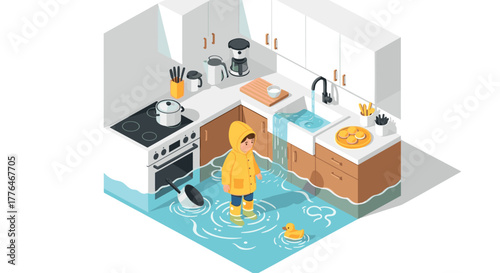 Isometric kitchen flooding scene with child in raincoat and rubber duck
