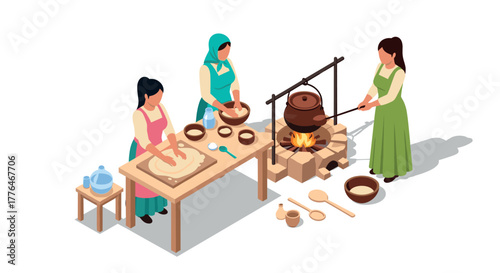 Isometric cooking scene historical outdoor baking and stew preparation