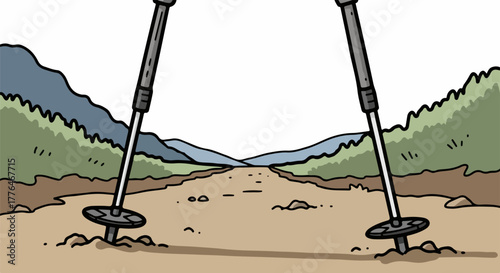 Hiking poles on trail with mountain landscape