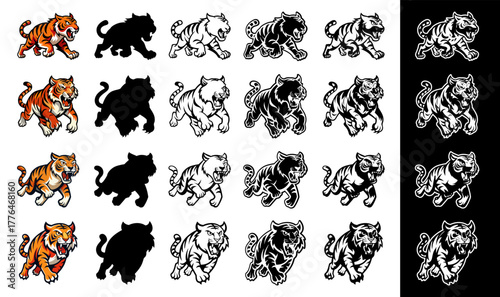 Tiger attack running wild animal character drawing design silhouette vector