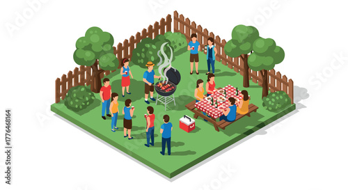 Isometric backyard barbecue party with friends and family in a summer garden