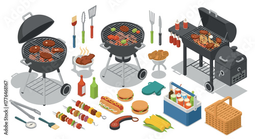 Isometric summer barbecue set with grills, food, and accessories for outdoor cooking
