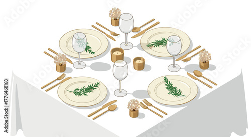 Elegant table setting for four with golden cutlery and greenery decor on white tablecloth
