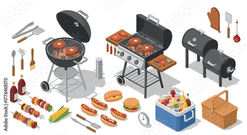 Outdoor grilling essentials with barbecue tools and food in isometric style