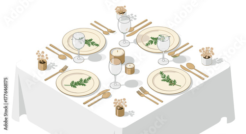 Elegant table setting with plates, glasses, and green decor in isometric view