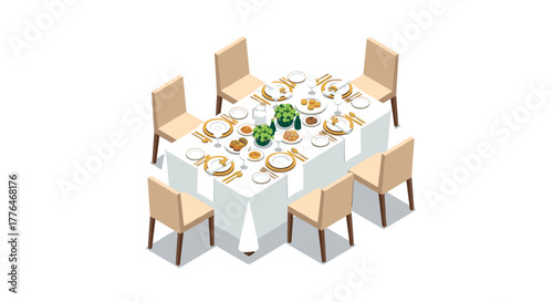 Isometric dining table set with delicious meals and elegant tableware