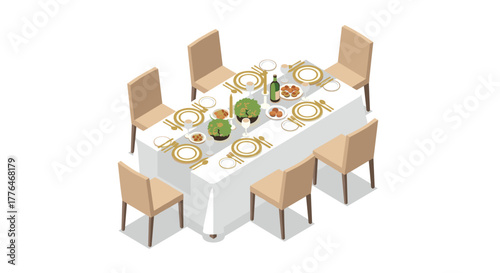 Elegant isometric dining table setting with beige chairs and tableware