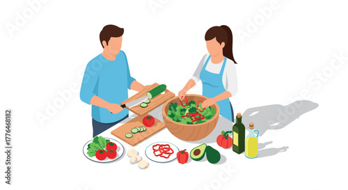 Couple preparing healthy meal in modern isometric kitchen setting