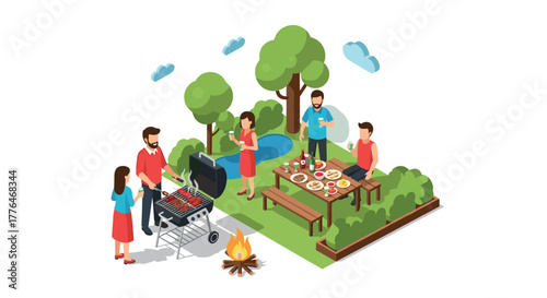 Family enjoying a summer barbecue in the park with grilled delicacies