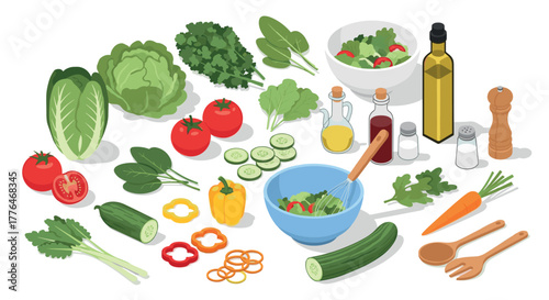 Fresh salad ingredients with vegetables and seasonings in modern isometric style