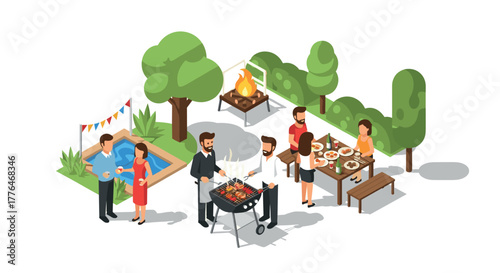 Outdoor summer barbecue party with friends in isometric style