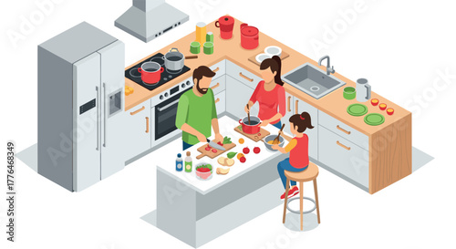 Family cooking together in modern kitchen isometric design