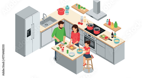 Family cooking together in modern kitchen isometric style