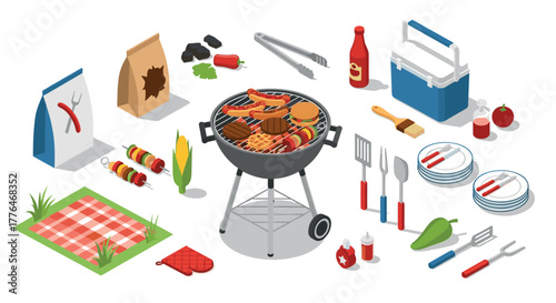 Isometric bbq party essentials with grill, utensils, and picnic setup