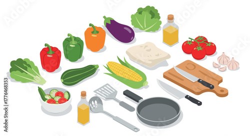 Isometric fresh vegetables and kitchen utensils arrangement for cooking inspiration