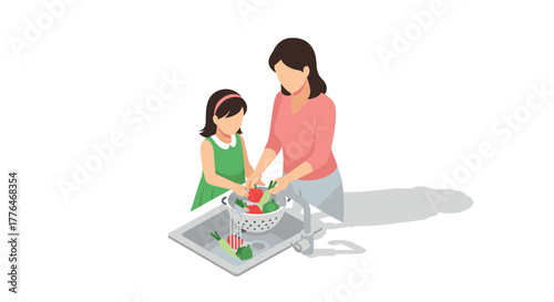 Mother and daughter washing vegetables in kitchen isometric style