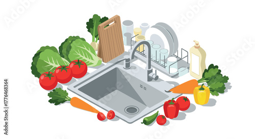 Modern kitchen sink with fresh vegetables and dishware in clean minimalist setup