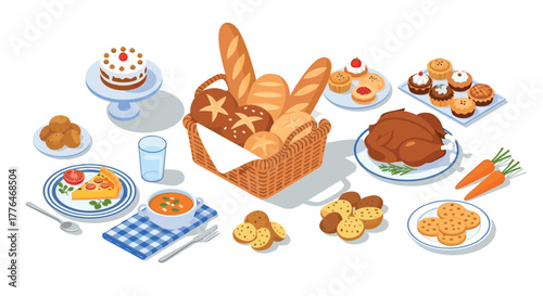 Isometric feast spread with bread, roasted chicken, desserts and vegetables on white background