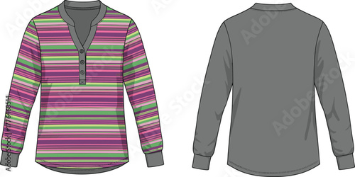 Colorful striped women's pullover, long sleeve shirt front and back view, casual knitwear, gray back, button placket, fashion illustration