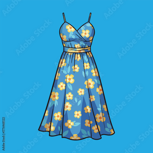 A blue summer dress with yellow floral pattern, thin straps, and a cinched waist against a solid blue background.