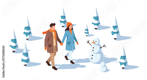 Winter walk couple strolling in snowy wonderland with snowman and pine trees